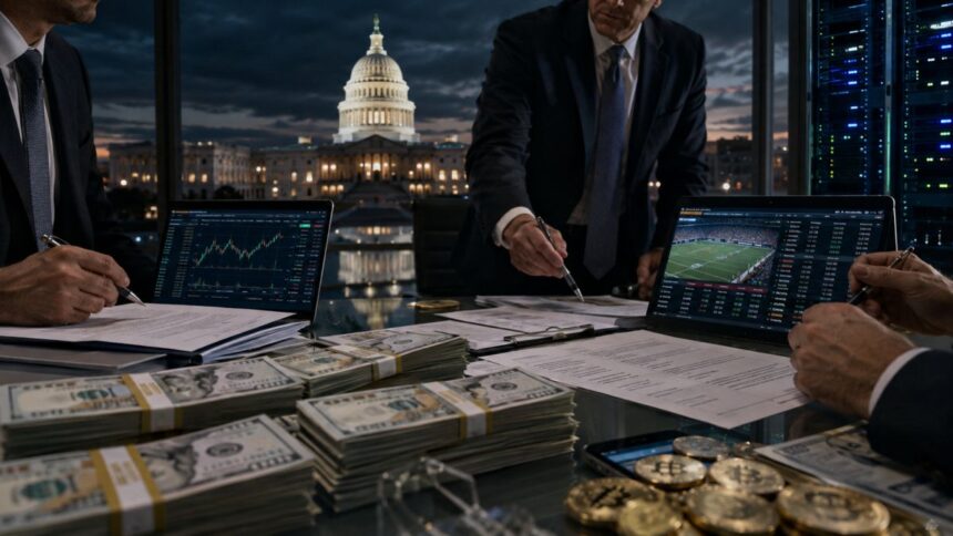 U.S. Capitol at night behind a corporate strategy table covered with cash campaign finance documents cryptocurrency imagery