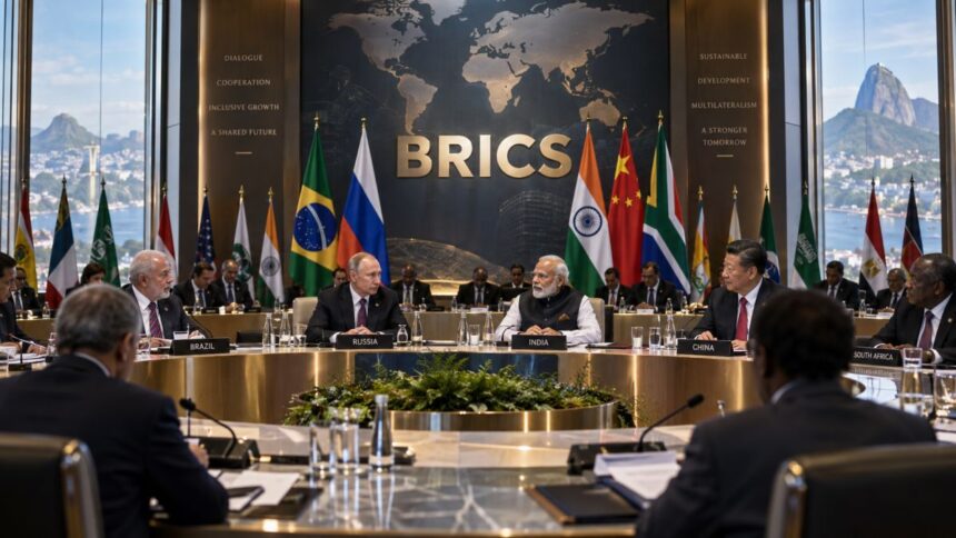 Drapelele statelor BRICS în fața centrului Bharat Mandapam din New Delhi, gazda summitului BRICS 2026