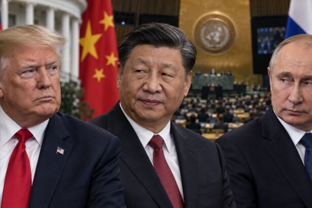 Composite illustration of Donald Trump, Xi Jinping and Vladimir Putin in front of the US, Chinese and Russian flags, with the UN General Assembly Hall in the background