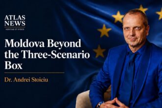 Dr. Andrei Stoiciu, author of “Moldova Beyond the Three-Scenario Box,” pictured against the flag of the European Union for Atlas News Romania
