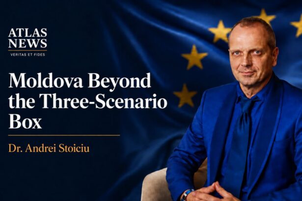 Dr. Andrei Stoiciu, author of “Moldova Beyond the Three-Scenario Box,” pictured against the flag of the European Union for Atlas News Romania