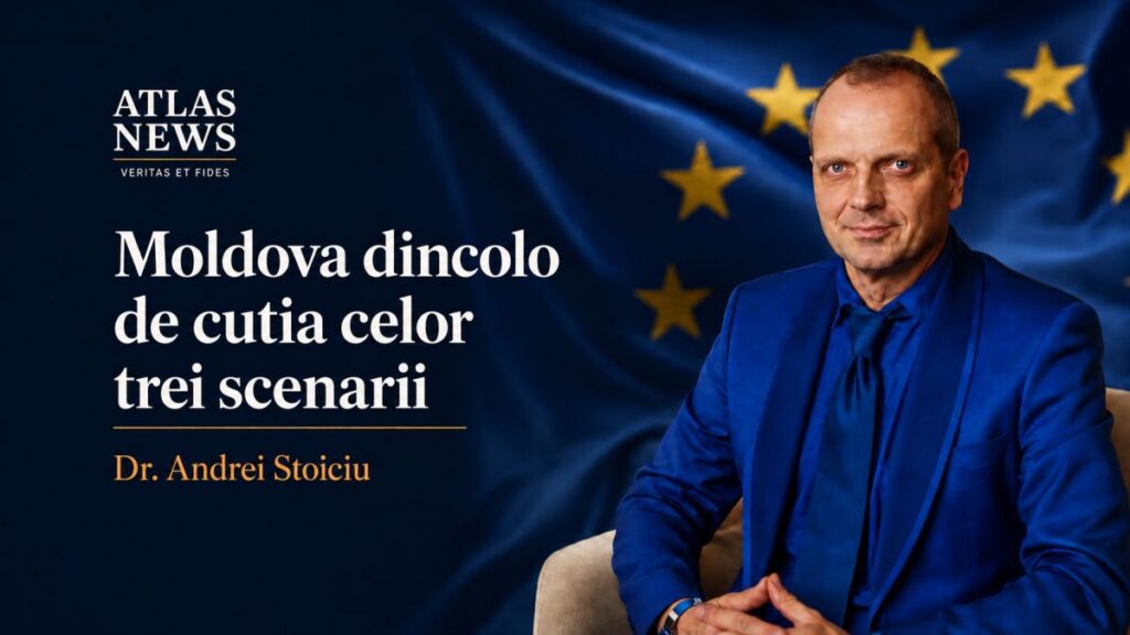 Dr. Andrei Stoiciu, autorul analizei „Moldova dincolo de cutia celor trei scenarii”, pe fundalul drapelului Uniunii Europene – Atlas News România.