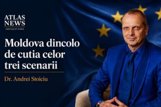 Dr. Andrei Stoiciu, autorul analizei „Moldova dincolo de cutia celor trei scenarii”, pe fundalul drapelului Uniunii Europene – Atlas News România.
