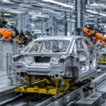 European auto industry in the green transition with electric vehicles batteries charging infrastructure and a map of Europe symbolizing industrial competition with China