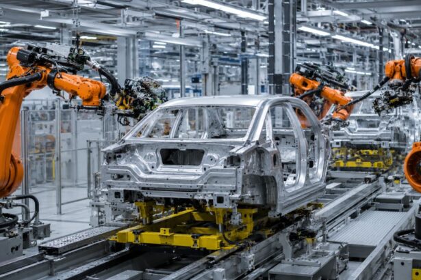 European auto industry in the green transition with electric vehicles batteries charging infrastructure and a map of Europe symbolizing industrial competition with China