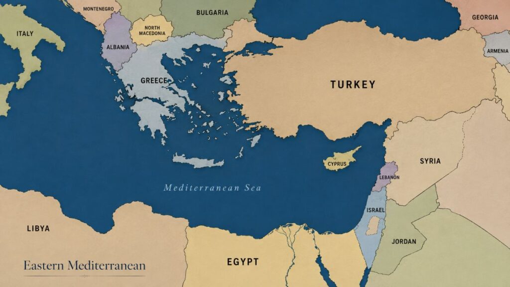 Map of the Eastern Mediterranean marking Türkiye, Greece and Israel, illustrating the region's new security architecture
