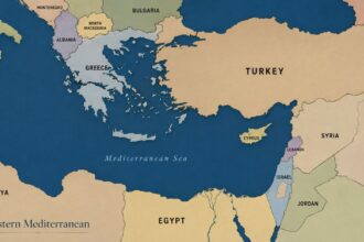 Map of the Eastern Mediterranean marking Türkiye, Greece and Israel, illustrating the region's new security architecture