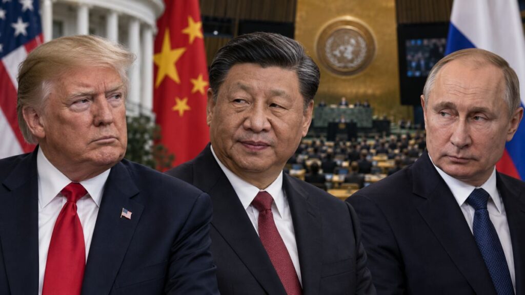 Ilustrație compozită cu Donald Trump, Xi Jinping și Vladimir Putin în fața drapelelor SUA, Chinei și Rusiei, cu sala Adunării Generale a ONU în fundal
