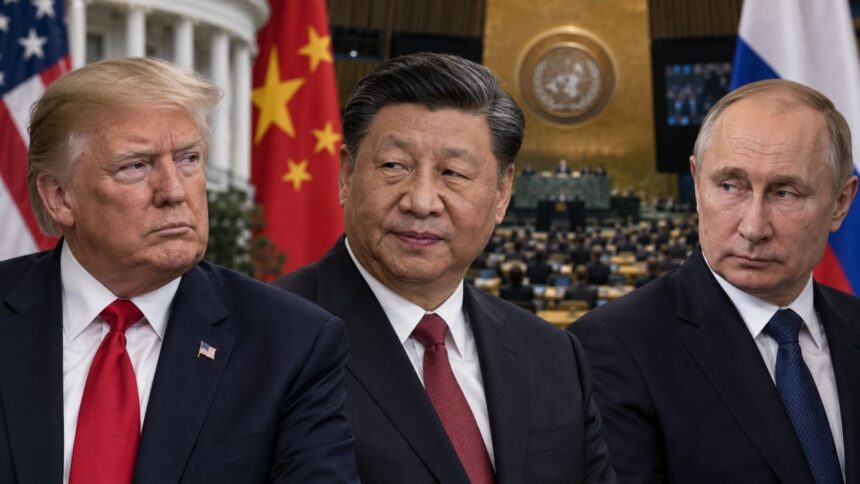 Ilustrație compozită cu Donald Trump, Xi Jinping și Vladimir Putin în fața drapelelor SUA, Chinei și Rusiei, cu sala Adunării Generale a ONU în fundal
