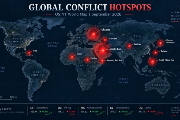 OSINT world map of global conflict hotspots in September 2026, with red markers over Ukraine, the Middle East, Yemen and the Red Sea, the Sahel, Sudan, the Caucasus, Kashmir, the Korean Peninsula, Taiwan, the South China Sea and Haiti, above a defence-sector stock ticker