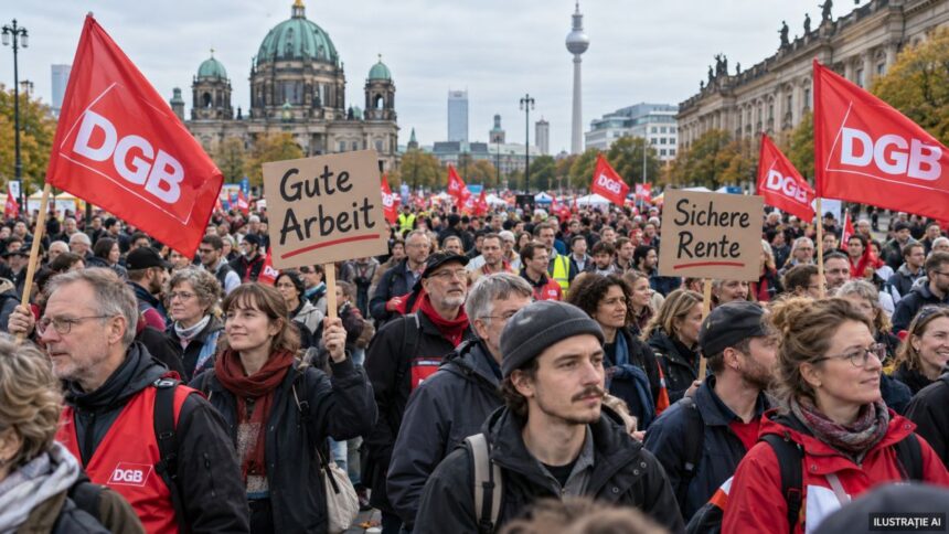 Participanți la protestele sindicale din Germania împotriva reformelor sociale ale guvernului Merz