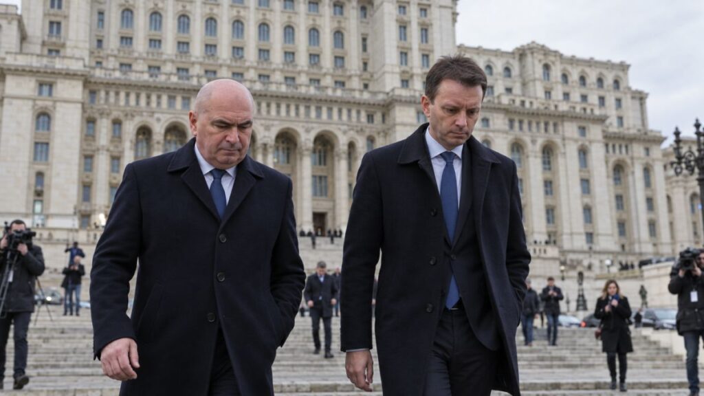 Reconstituire editorială cu Ilie Bolojan și Siegfried Mureșan în fața Palatului Parlamentului.