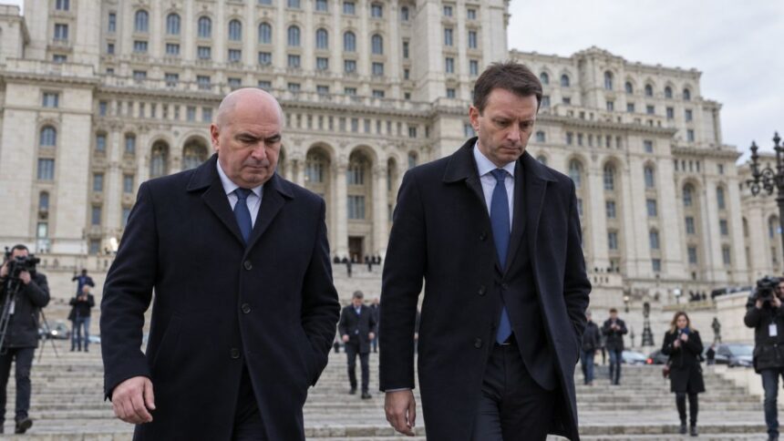 Reconstituire editorială cu Ilie Bolojan și Siegfried Mureșan în fața Palatului Parlamentului.