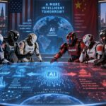 Roboți umanoizi purtând însemnele modelelor AI americane, chineze, rusești și europene, așezați față în față la o masă digitală pe care scrie „Two visions, a shared human future
