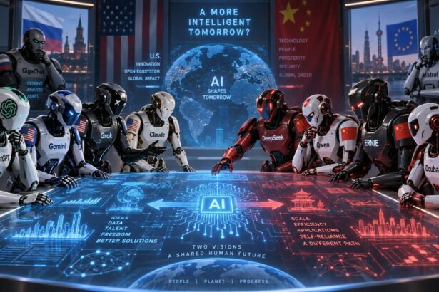 Roboți umanoizi purtând însemnele modelelor AI americane, chineze, rusești și europene, așezați față în față la o masă digitală pe care scrie „Two visions, a shared human future