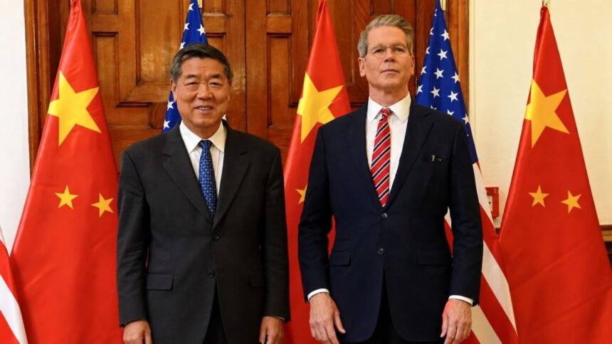 Scott Bessent și He Lifeng în contextul negocierilor dintre Statele Unite și China privind inteligența artificială și relațiile comerciale.