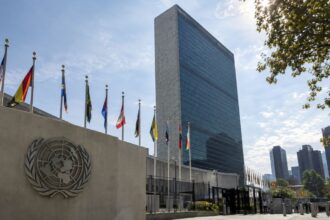 Sediul Organizației Națiunilor Unite din New York, cu sigla ONU și steagurile statelor membre.
