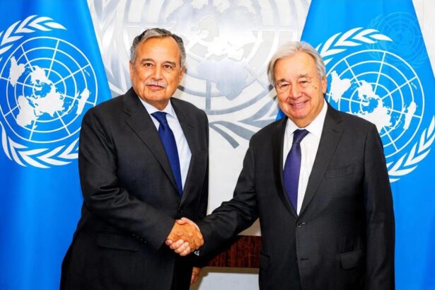 Arab League Secretary-General Nabil Fahmy and UN Secretary-General António Guterres meeting during the 81st UN General Assembly in New York