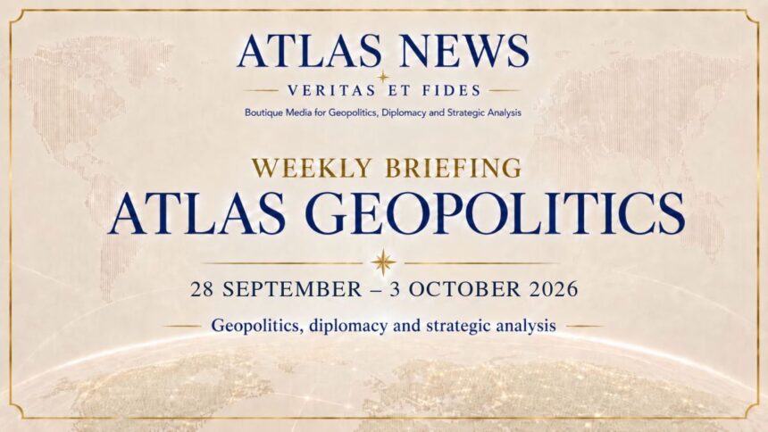 Atlas Geopolitical Brief for 28 September–3 October 2026, covering five dossiers on NATO, Ukraine, the Middle East, China and energy.