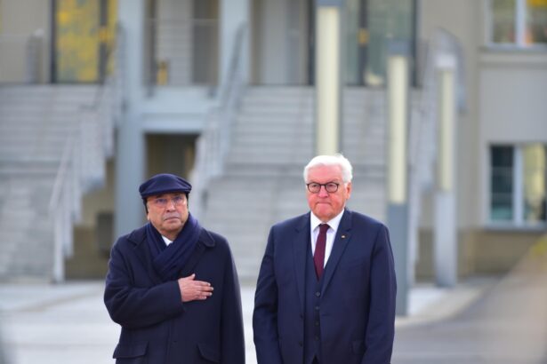 President Asif Ali Zardari along with German President Frank Walter Steinmeier standing in respect of National Anthems of Pakistan and Germany during the Official Welcome Ceremony