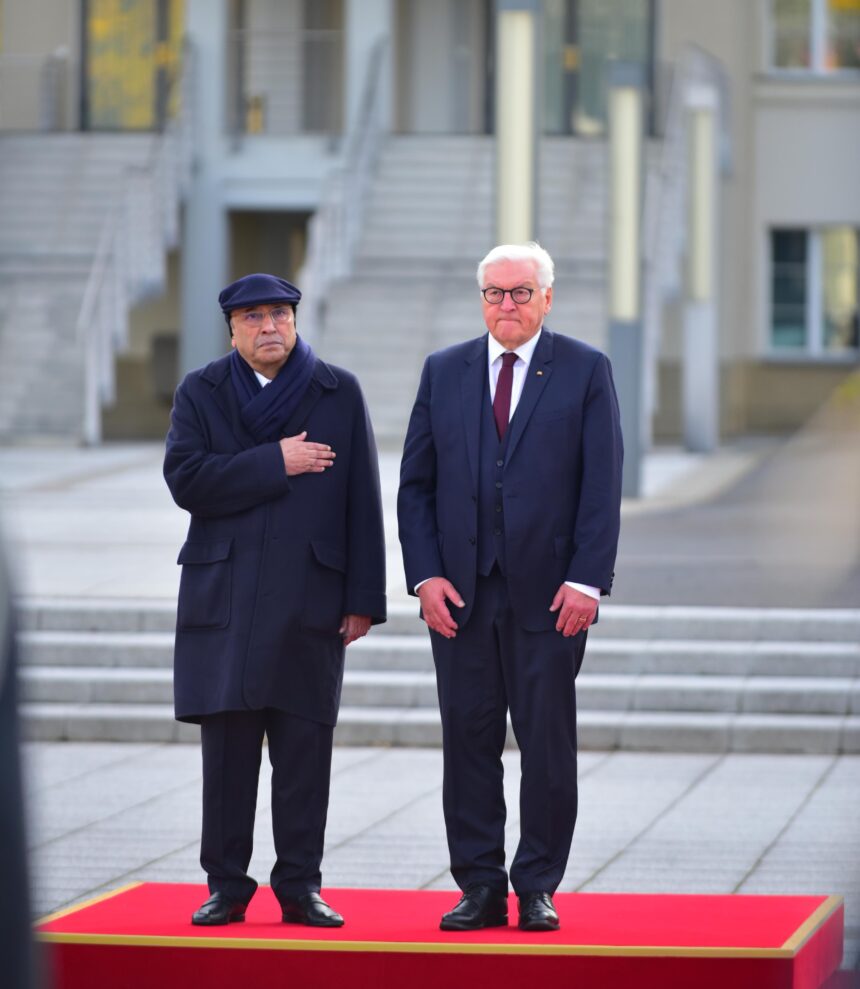 President Asif Ali Zardari along with German President Frank Walter Steinmeier standing in respect of National Anthems of Pakistan and Germany during the Official Welcome Ceremony