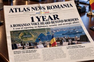 Printed Atlas News Romania anniversary newspaper front page with the headline “A Romanian Voice Heard Beyond Borders” and “1 Year” prominently displayed
