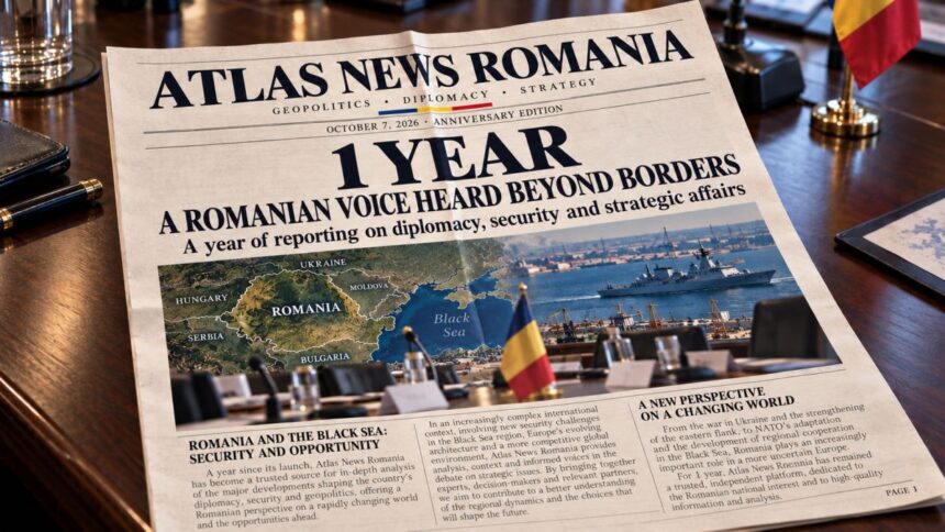 Printed Atlas News Romania anniversary newspaper front page with the headline “A Romanian Voice Heard Beyond Borders” and “1 Year” prominently displayed