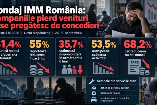 Sondaj IMM România 2026 privind deteriorarea mediului de afaceri, scăderea veniturilor companiilor și perspectivele de concedieri, cu impact asupra sectorului serviciilor auto.