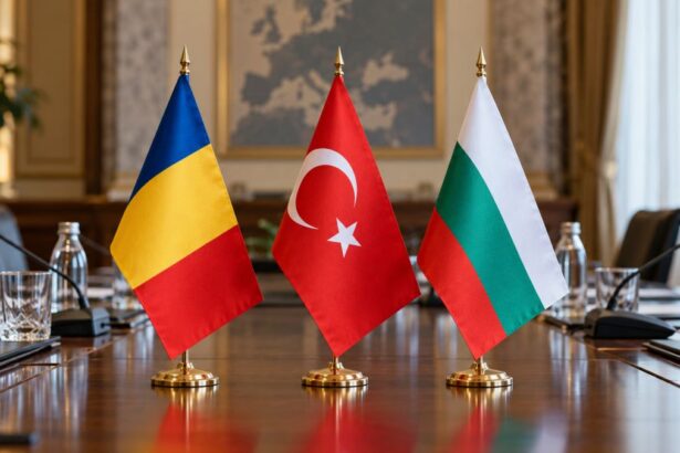 Romanian Turkish and Bulgarian Flags at the Conference Table