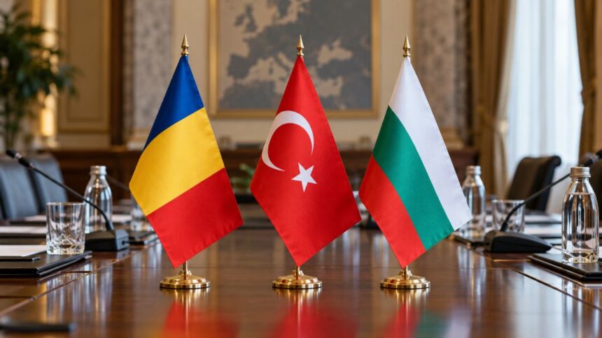 Romanian Turkish and Bulgarian Flags at the Conference Table