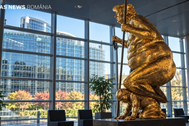 AI-generated illustration recreating the gilded statue depicting Donald Trump in a corridor of the European Parliament in Strasbourg.