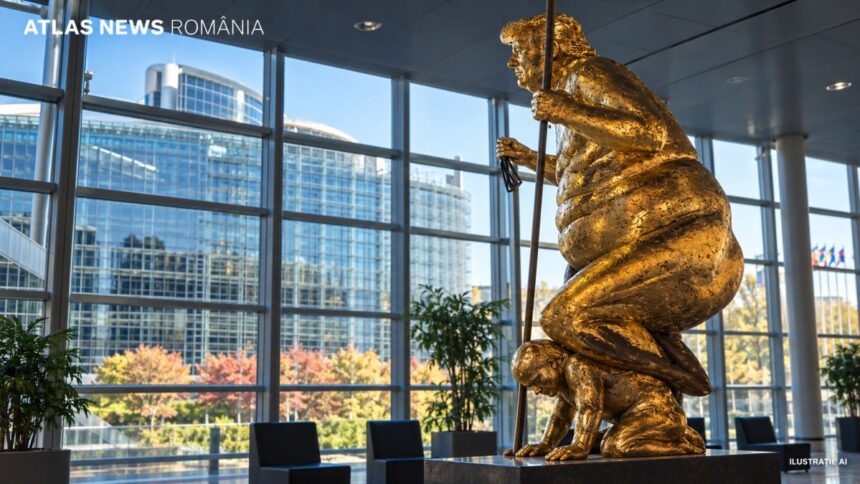 AI-generated illustration recreating the gilded statue depicting Donald Trump in a corridor of the European Parliament in Strasbourg.