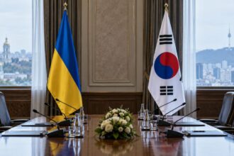Drapelele Ucrainei și Coreei de Sud, simbolizând disputa diplomatică dintre cele două țări.