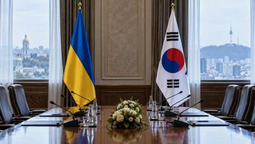 Drapelele Ucrainei și Coreei de Sud, simbolizând disputa diplomatică dintre cele două țări.