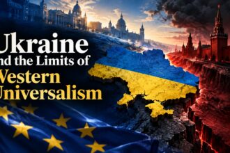 Ukraine’s position between the Western and Russian geopolitical orders, illustrating the limits of Western universalism.
