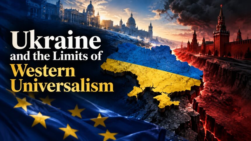 Ukraine’s position between the Western and Russian geopolitical orders, illustrating the limits of Western universalism.