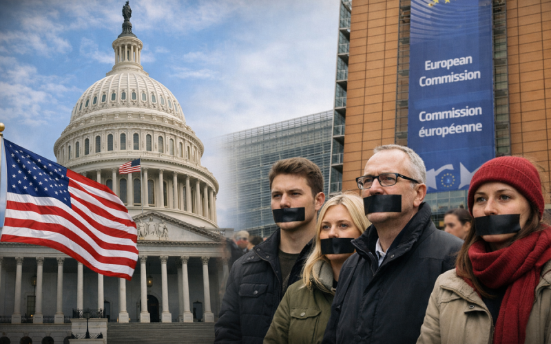 Clădirea Congresului Statelor Unite și sediul Comisiei Europene, cu cetățeni europeni având gura acoperită, simbolizând acuzațiile privind cenzura online și influențarea proceselor electorale.