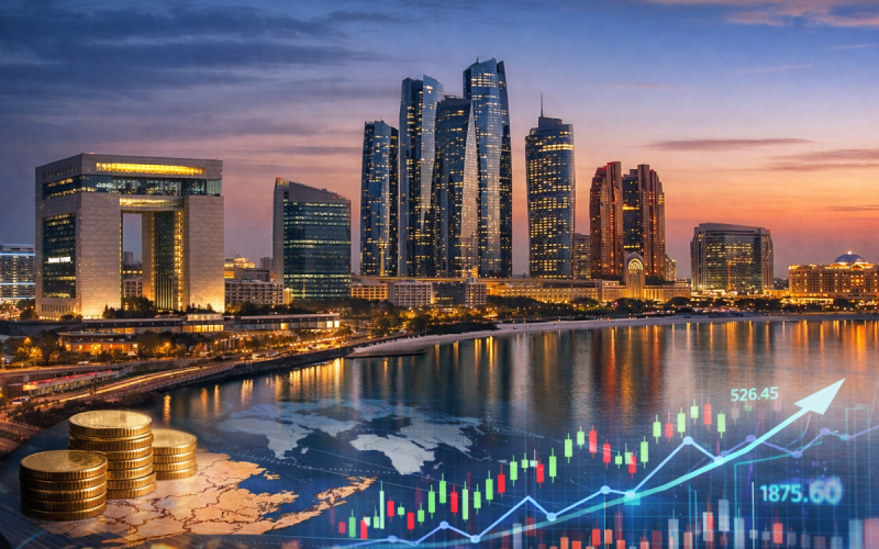 Abu Dhabi financial district skyline at sunset, symbolizing the migration of global financial flows toward the United Arab Emirates