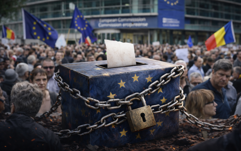 Protest pentru democrație și libertatea de exprimare în Europa, cu steagul UE în fundal și oameni cerând respectarea votului cetățenilor.